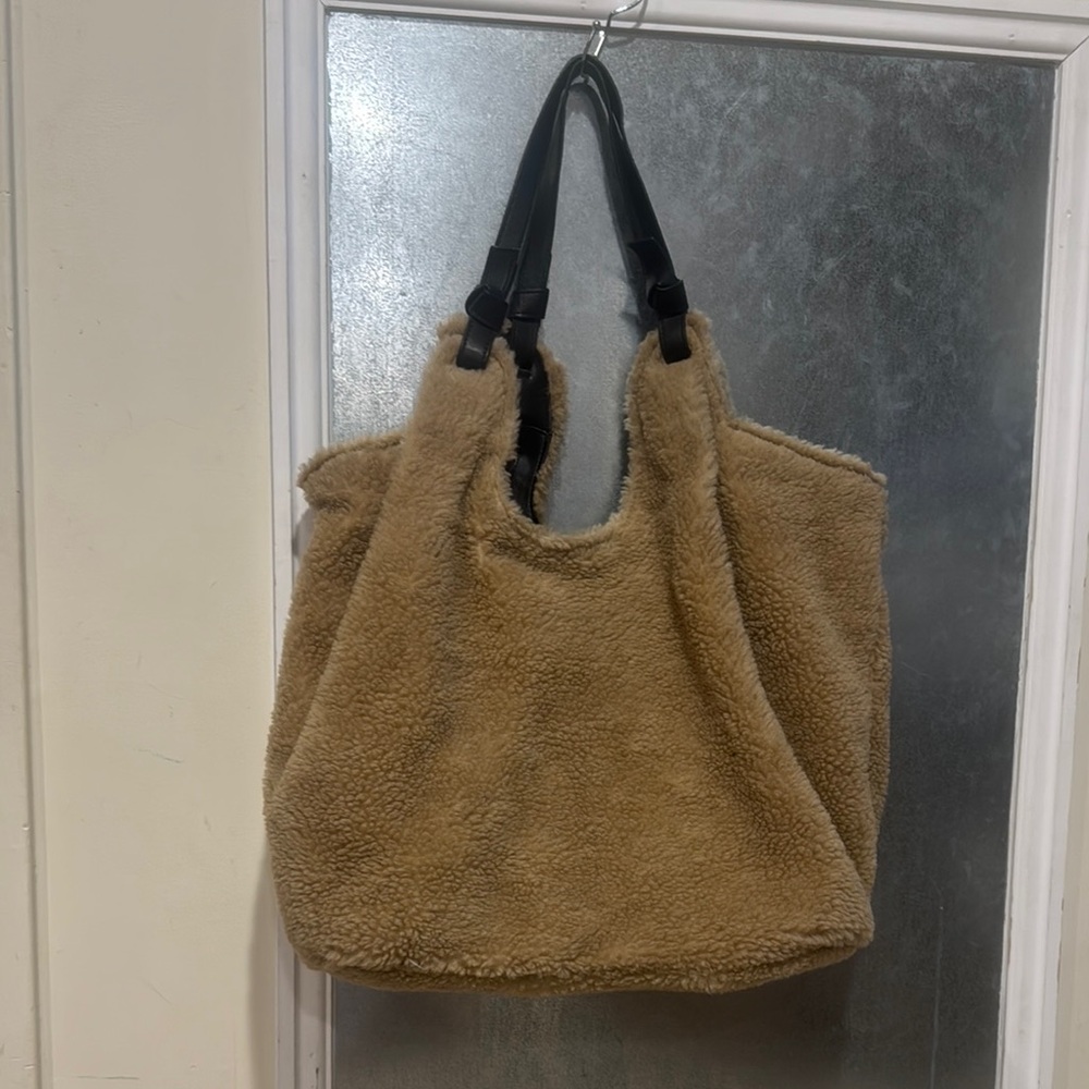Anthropologie Tan Tote Bag with Plush Texture and Sturdy Handles